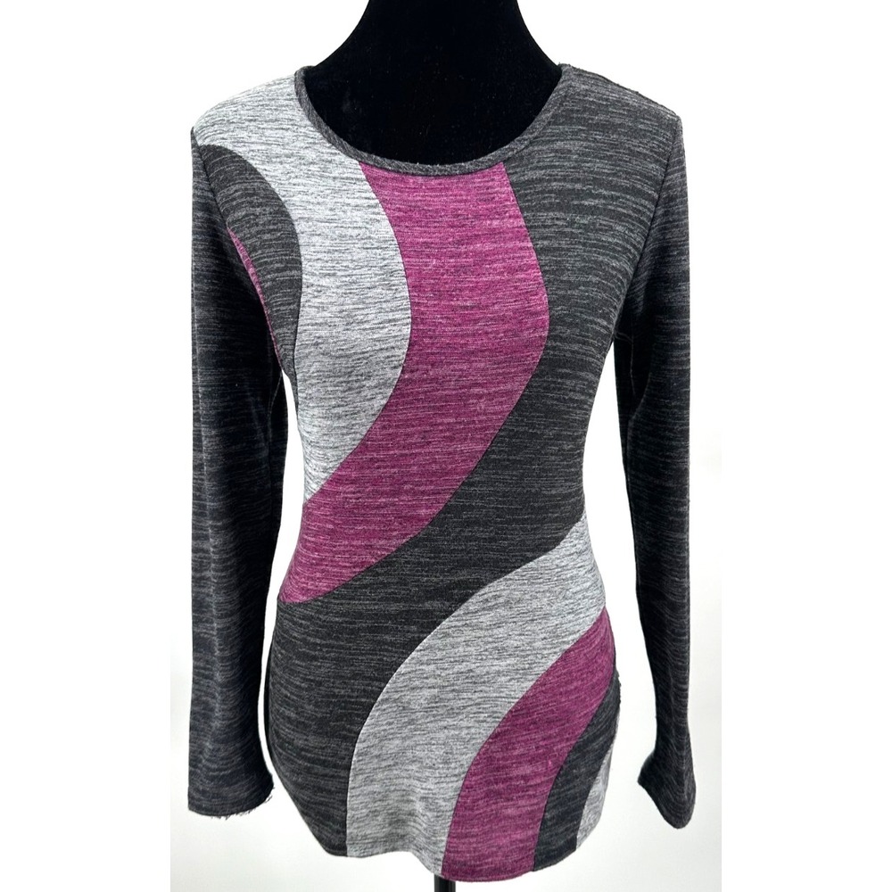 Libra Womens Pullover Crew Neck Long Sleeve Top Medium Gray Geometric Swirl Knit